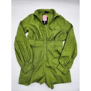 NWT Prettylittlething OIive Linen Shirt Playsuit Romper Long Sleeve Women's Sz 6